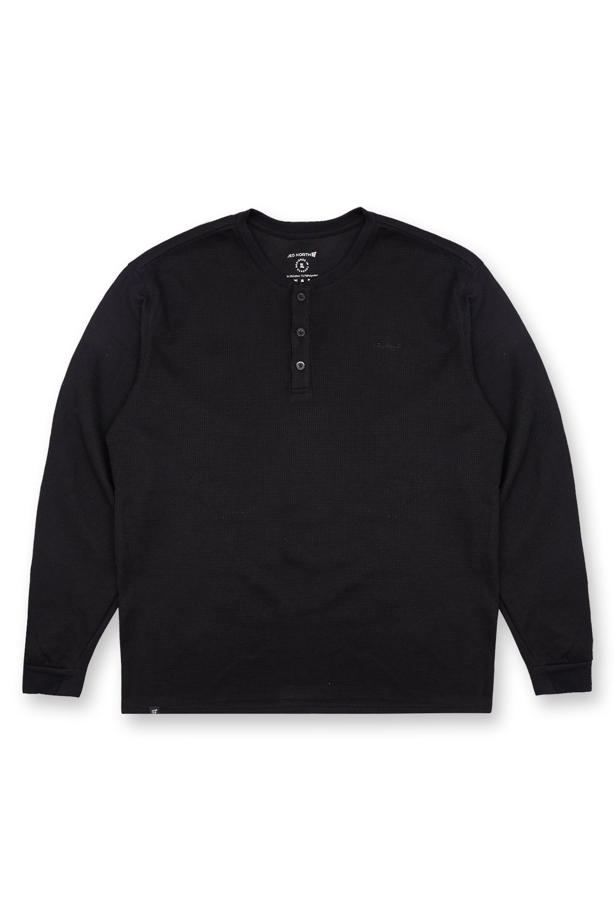 Waffle Knit Henley Long Sleeve T-Shirt - Black