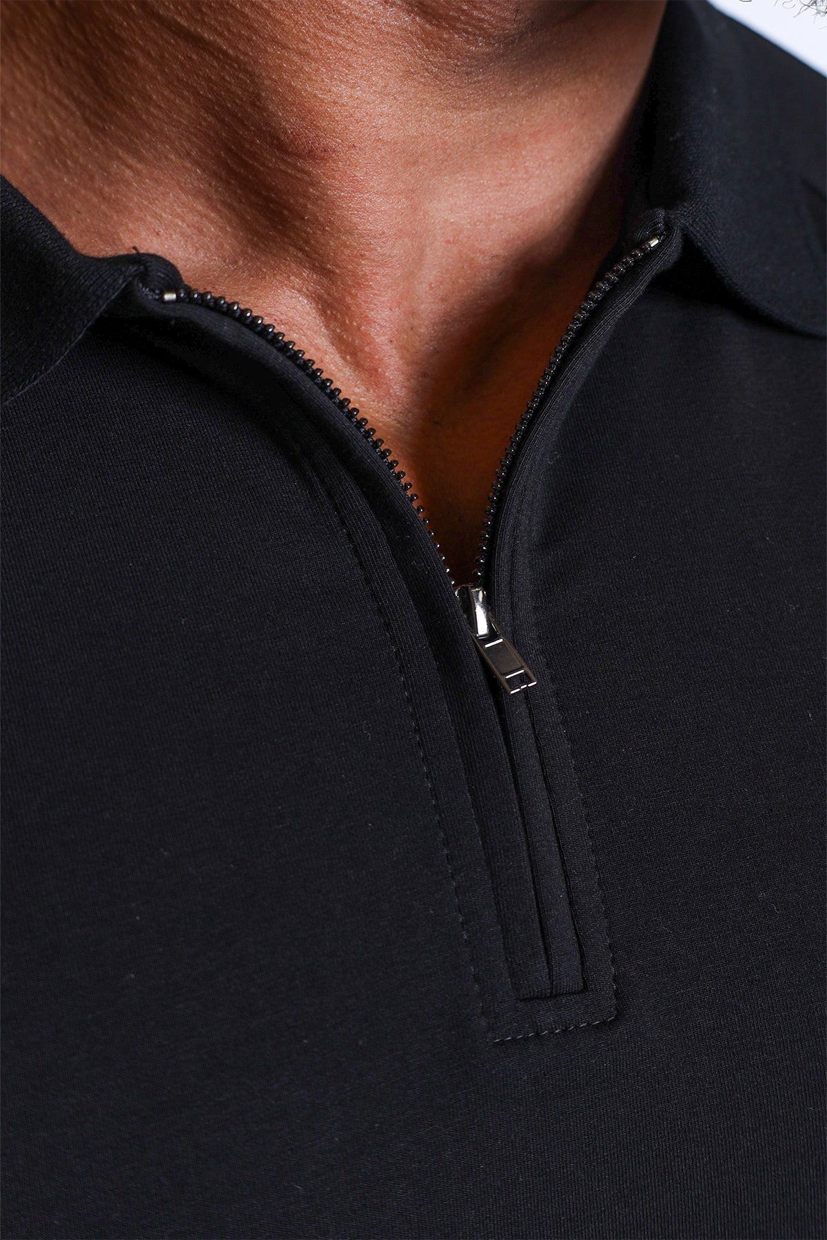 Premium Muscle-Fit Polo Tee w/ Zipper - Black