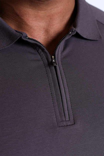 Premium Muscle-Fit Polo Tee w/ Zipper - Dark Gray