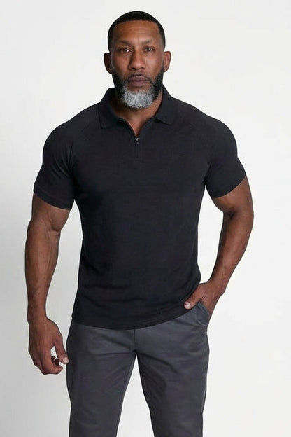 Premium Muscle-Fit Polo Tee w/ Zipper - Black